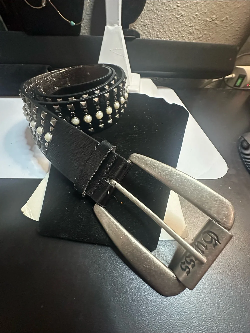 Guess Black Studded Pearl Accent Leather Belt with Silver Buckle 45” long